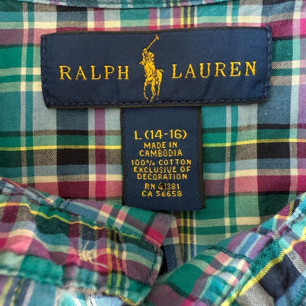 Ralph Lauren BOYS Long Sleeve Button Down Sz. L (14-16) Plaid Blue Pink Green - Picture 9 of 12